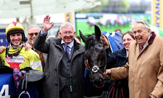 Harry Cobden and Owner Sir Alex Ferguson celebrate after winning with Monmiral 14/3/2024