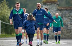 Tommy O'Donnell and Simon Zebop greet Ireland fan Jennifer Malone before training 17/3/2016 