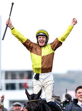 Paul Townend onboard Galopin Des Champs celebrates winning 15/3/2024