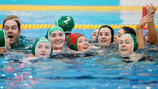 The Ireland team and staff celebrate in the water after the game 21/5/2023 