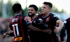 James Akintunde celebrates scoring the first goal with Declan McDaid and Dayle Rooney 19/4/2024