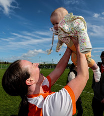 Ciara Geoghegan celebrates with her daughter Erin after the game 13/4/2024