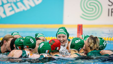 The Ireland team and staff celebrate in the water after the game 21/5/2023 