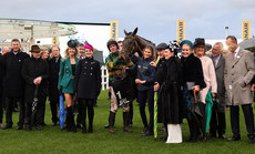Derek O’Connor celebrates victory with Inothewayurthinkin and the winning connections including J. P. McManus 14/3/2024