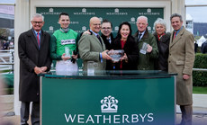 Willie Mullins celebrates Patrick Mullins victory on Jasmin De Vaux with his wife Jackie and the winning connections 13/3/2024
