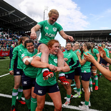 Niamh O'Dowd celebrates after the game with Neve Jones on her shoulders 27/4/2024