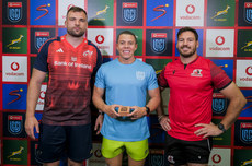 Tadhg Beirne, Craig Evans and Marius Louw at the coin toss 27/4/2024