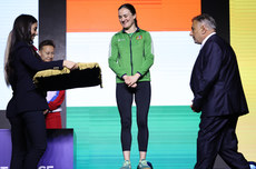 Kellie Harrington waits to be presented with her bronze medal 27/4/2024
