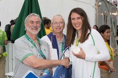 Kierna Mulvey and John Treacy celebrate with Annalise Murphy and her silver medal 16/8/2016