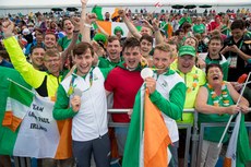 Paul and Gary O'Donovan celebrate winning a silver medal with childhood rowing friend Diarmuid O'Driscoll 12/8/2016