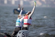 Annalise Murphy celebrates with Anne-Marie Rindom by jumping into the sea 16/8/2016
