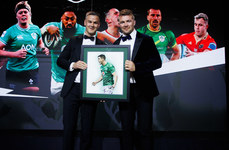 Johnny Sexton is presented with a painting of himself from Peter O’Mahony 22/5/2024
