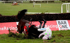 Sean O'Keeffe onboard Aione falls at the last fence 12/3/2023