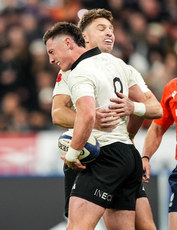 Cameron Roigard celebrates after scoring a try with Beauden Barrett 16/11/2024