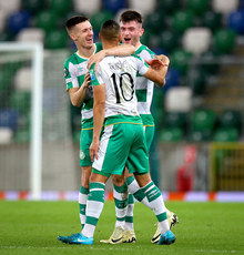 Graham Burke celebrates scoring the third goal with Johnny Kenny and Josh Honohan 24/10/2024