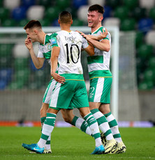 Graham Burke celebrates scoring the third goal with Johnny Kenny and Josh Honohan 24/10/2024