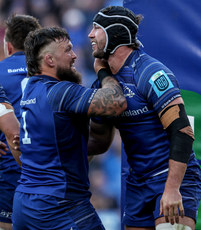 Caelan Doris celebrates scoring a try with Andrew Porter 12/10/2024