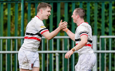 Joe O’Leary is congratulated by David Cogan after scoring his side's first try of the match 28/4/2024