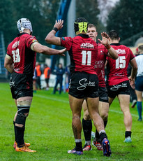 Edwill van der Merwe celebrates after scoring a try with Henco Van Wyk and Morne van den Berg 19/10/2024