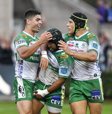 Rhyno Smith celebrates scoring a try with Ignacio Mendy and Nacho Brex 12/10/2024