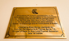 A view of the plaque in Paric Tailteann commemorating 120 years since the first official Camogie match took place 19/10/2024 