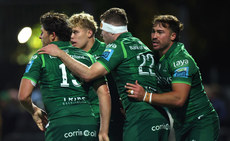 Piers O'Conor, Hugh Gavin and Shayne Bolton celebrate with try scorer Cathal Forde 19/10/2024