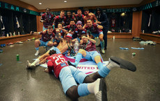 Drogheda United players celebrate in the dressing room 10/11/2024