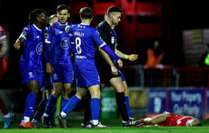 Barry Baggley argues with Rob Hennessy after a penalty is awarded 18/10/2024