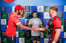Ruan Nortje, Ben Whitehouse and Kyle Steyn during the coin toss 11/5/2024