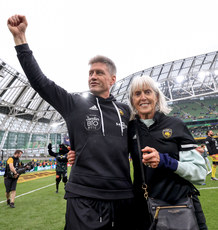 Ronan O'Gara celebrates after the game with his mother Joan 20/5/2023