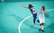 Frederic Villeroux celebrates after scoring his side's first goal of the match while Froilan Padilla reacts dejected 7/9/2024