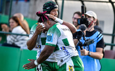 Paolo Odogwu celebrates scoring a try with Rhyno Smith 12/10/2024