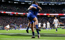 Thomas Ramos celebrates with Ethan Dumortier after scoring a try 11/3/2023