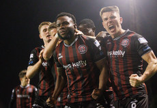 James Akintunde is congratulated by teammates after scoring his side's first goal of the match 15/4/2024