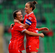 Pearl Slattery celebrates her side scoring a fifth goal with Alex Kavanagh 20/10/2024 