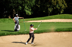 Richie Ramsay hits it out of the bunker to get on to the 10th green 8/9/2023