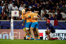 Nicolas Freitas is congratulated after he scores the first try 14/9/2023