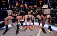 Gerbrandt Grobler, Werner Kok, James Venter, Cameron Wright and Vincent Tshituka celebrate winning with the European Rugby Challenge Cup 24/5/2024