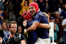 Louis Bielle-Biarrey is congratulated by Gabin Villiere after he dives over for a try 14/9/2023