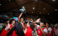 The England U16s Boys and U16s Girls celebrate with their trophies at the end of the tournament 27/3/2024
