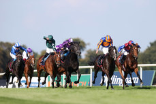 Nashwa ridden by Hollie Doyle, King of Steel ridden by ridden by Kevin Slatt, Auguste Rodin ridden by Ryan Moore and Luxembourg ridden by Seamie Heffernan in the closing stages of the Royal Bahrain Irish Champion Stakes 9/9/2023