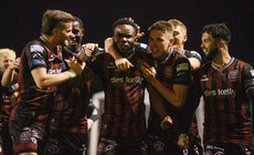 James Akintunde is congratulated by teammates after scoring his side's first goal of the match 15/4/2024