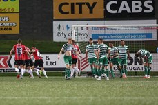 Derry players celebrate Cameron McJannet’s goal 15/9/2023