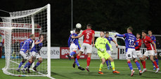 Goal mouth scramble during the Larne  and Linfield match 16/11/2024