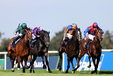 Nashwa ridden by Hollie Doyle, King of Steel ridden by ridden by Kevin Slatt, Auguste Rodin ridden by Ryan Moore and Luxembourg ridden by Seamie Heffernan in the closing stages of the Royal Bahrain Irish Champion Stakes 9/9/2023