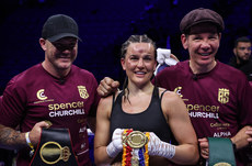 Chantelle Cameron celebrates with trainers Jamie Moore (left) and Nigel Travis after the fight 20/5/2023 