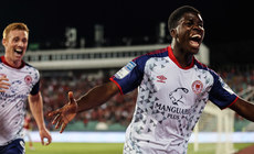 Serge Atakayi celebrates scoring their first goal late in the game with Eoin Doyle 4/8/2022