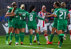 Kyra Carusa celebrates scoring their second goal with teammates 25/10/2024