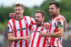 Cameron Dummigan celebrates his goal with Daniel Kelly and Patrick Hoban 28/6/2024