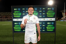 Jacob Stockdale is presented with the BKT United Rugby Championship Player of the Match award 18/10/2024